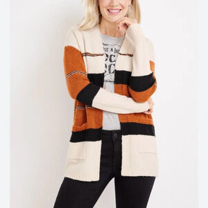 Maurices White Orange & Black Striped Slouchy Knit Cardigan Medium Women’s